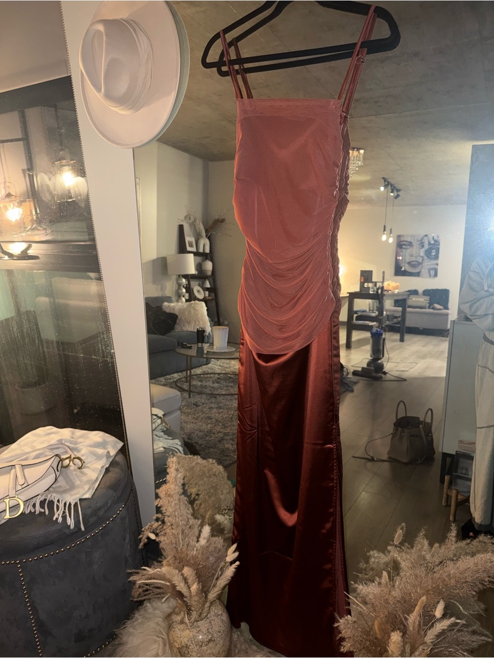 Lulu's Rust Satin Ruched Maxi Dress - Picture 5 of 9